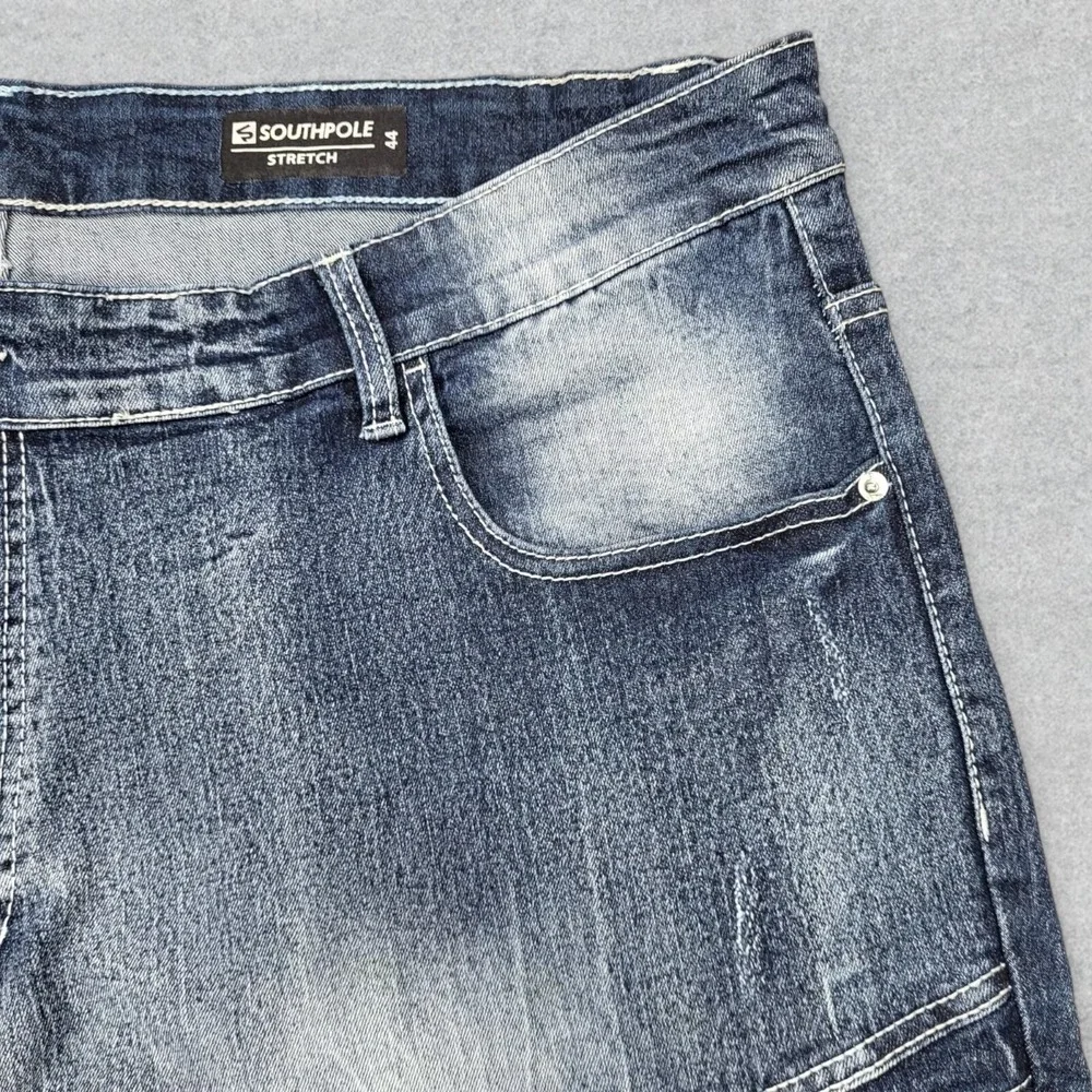 Southpole Shorts Men's 44 Blue Denim Moto Jorts Distressed Zips‎ Stretch Y2K